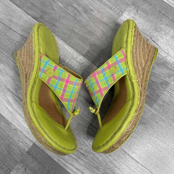 Born Wedges Size 8 Espadrille Tong Green Plaid Y2K 00s Preppy Leather Canvas - Picture 4 of 8